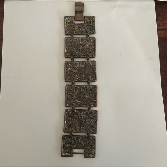Vintage retro plated copper super wide bracelet, cuff ornate cut outs - Picture 2 of 5